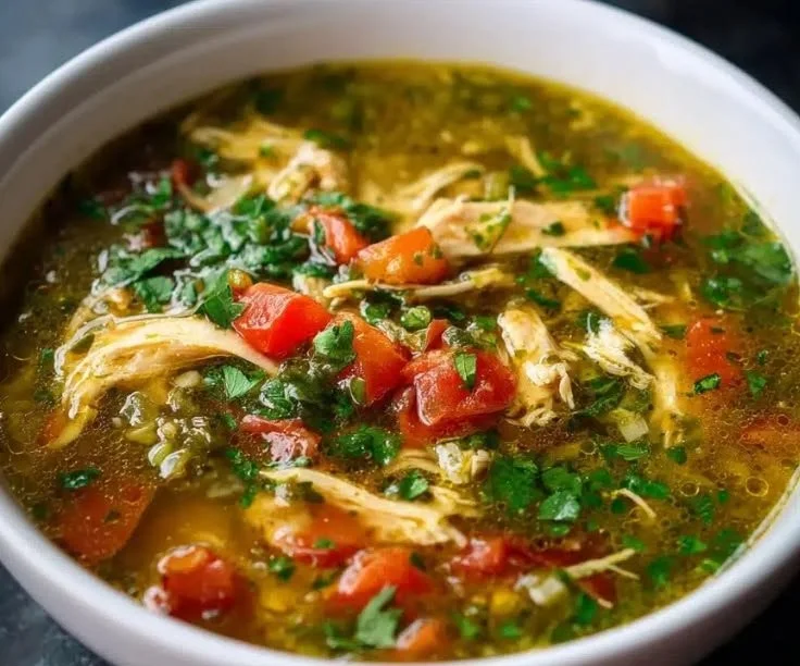 Bowl of Minute Mexican Green Enchilada Chicken Soup topped with cilantro