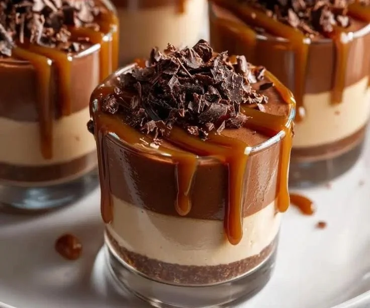 Delicious Minute Mini Chocolate Caramel Mousse Cups topped with chocolate and caramel sauce.