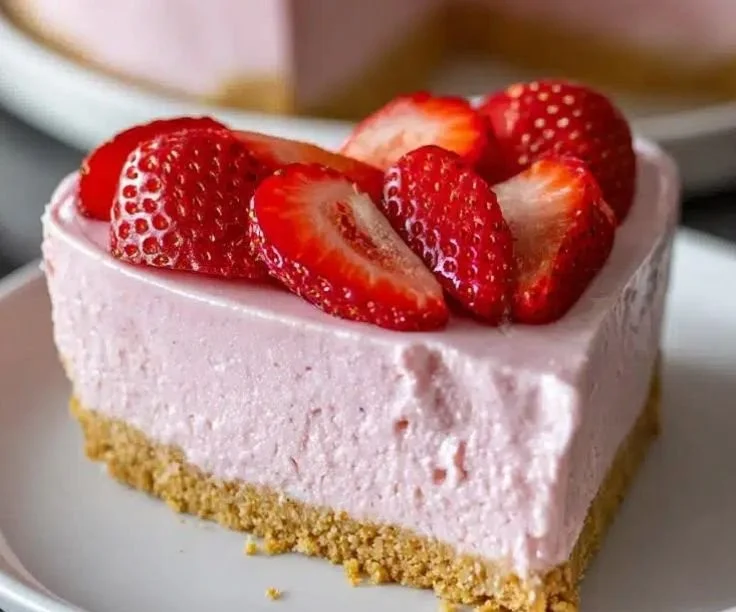 Minute No-Bake Strawberry Heart Cheesecake decorated with fresh strawberries