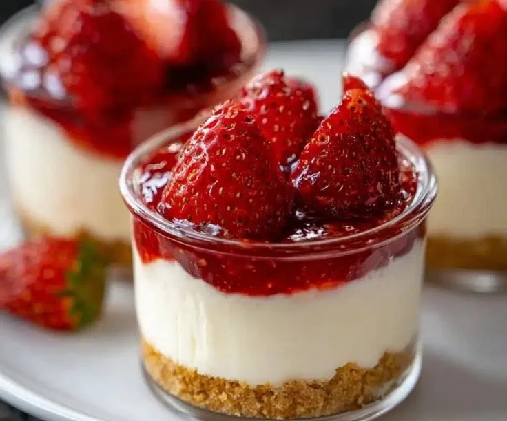 Minute No-Bake Valentine's Day Cheesecake Cups topped with strawberries