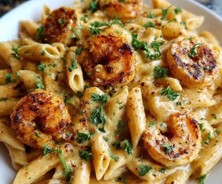 Delicious Minute Shrimp Alfredo Cajun Penne served with garnishes