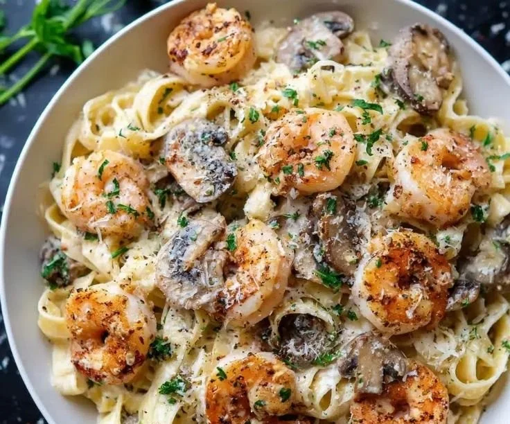 Creamy shrimp tagliatelle with mushrooms served in a bowl