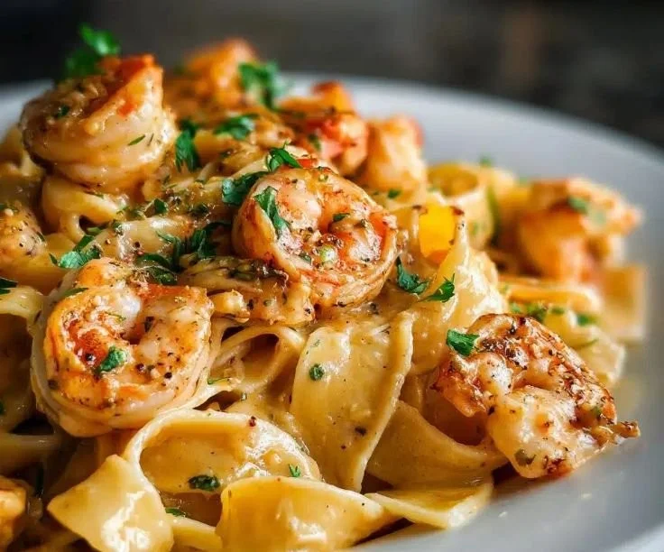 A plate of Minute Shrimp and Roasted Garlic Pappardelle garnished with herbs.