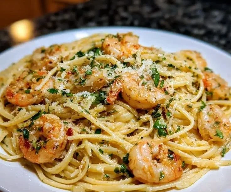 Plate of Minute Shrimp Garlic Butter Linguine garnished with parsley