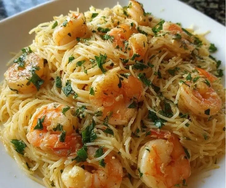 Plate of shrimp lemon herb angel hair pasta garnished with herbs.