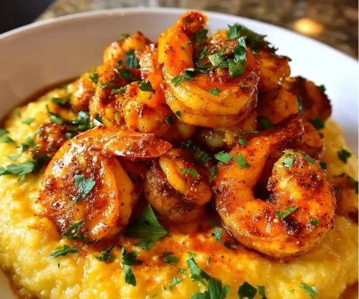 Delicious plate of Cajun Shrimp and Grits garnished with herbs and spices