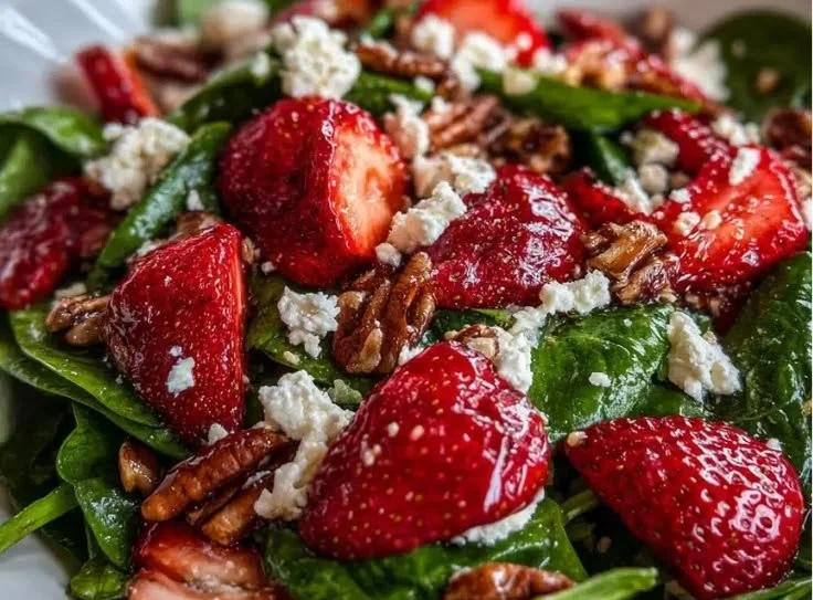 Delicious strawberry spinach salad with feta cheese and pecans in a bowl