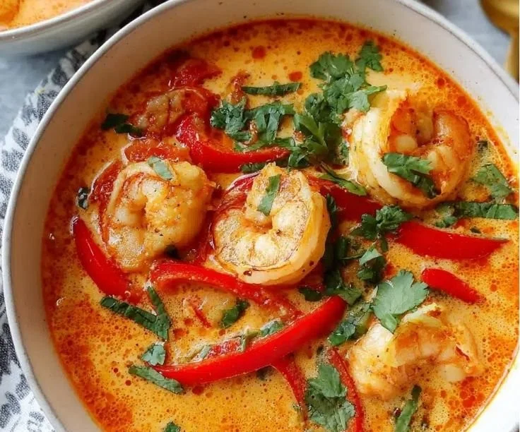 Delicious Thai Coconut Curry Shrimp Soup served in a bowl