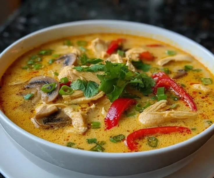 Bowl of Thai spicy coconut chicken soup with herbs and spices