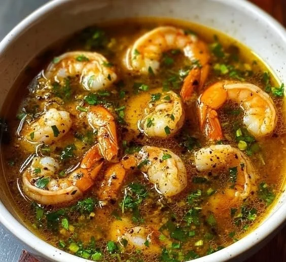 Bowl of Miso-Ginger Lemon Shrimp Detox Broth garnished with herbs