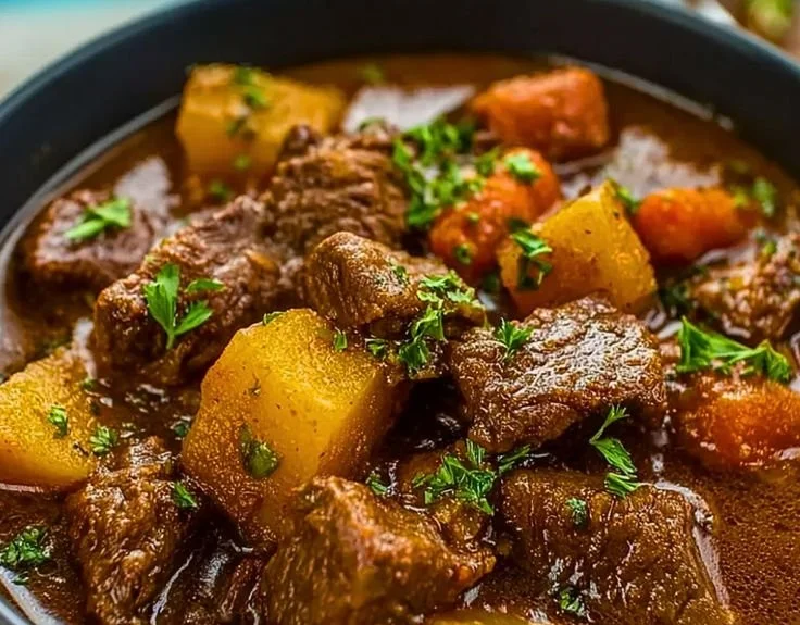 Delicious moist Puerto Rican beef stew served in a bowl, featuring tender meat and spices.