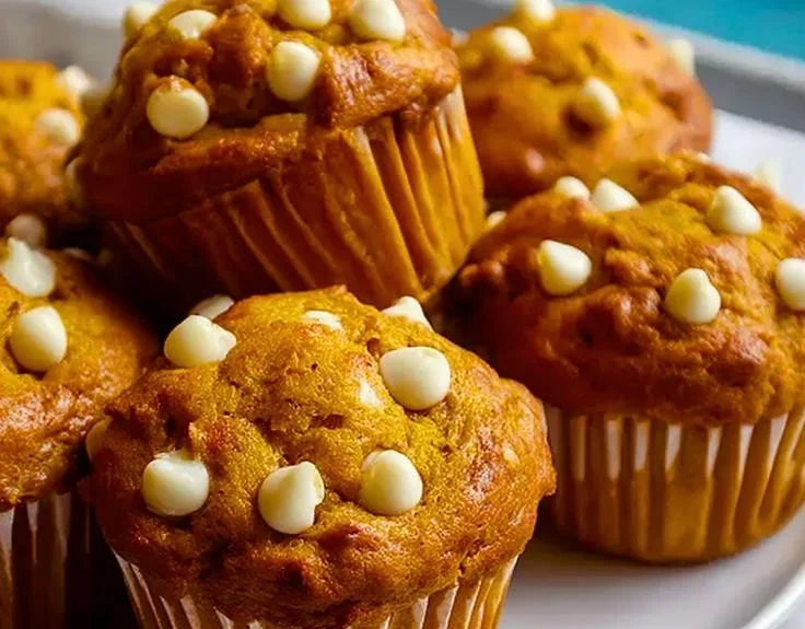 Moist pumpkin muffins with white chocolate chips on a rustic table