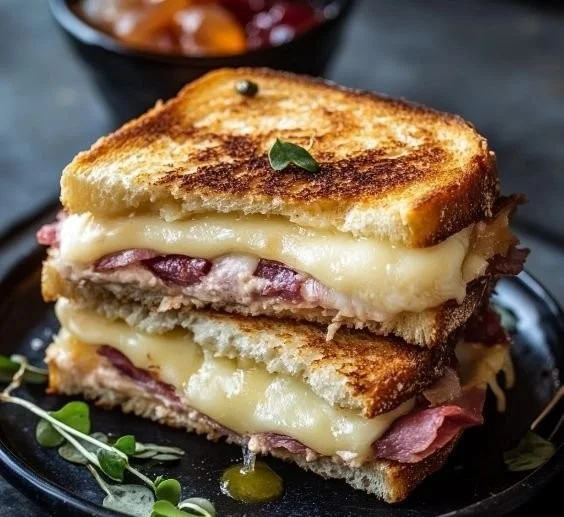 Delicious homemade Monte Cristo Sandwich served with berries and syrup