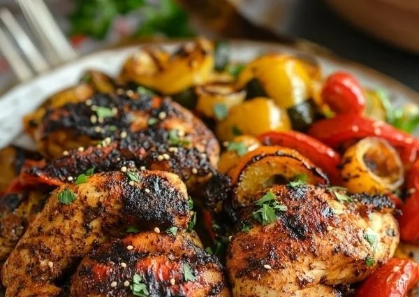 Moroccan Harissa Chicken served with colorful vegetables on a plate.