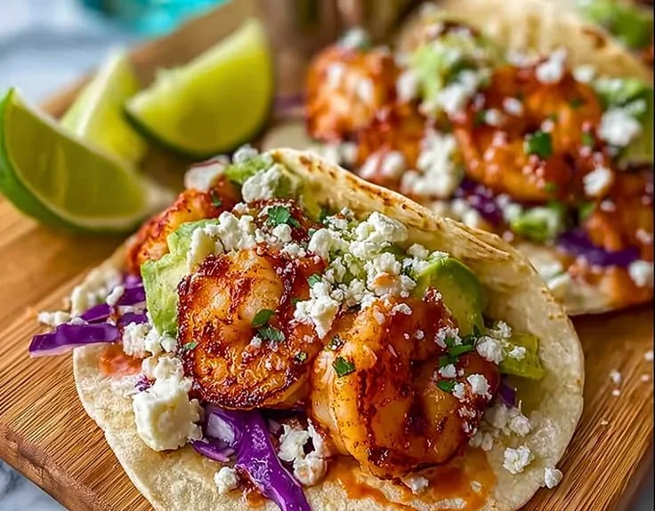 Delicious shrimp tacos topped with fresh ingredients and vibrant salsa