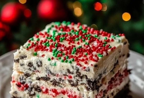 No-bake Christmas Oreo lasagna dessert with layers and festive decorations