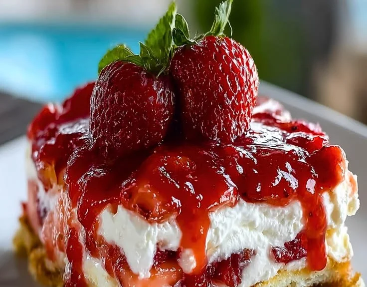No-bake strawberry cheesecake lasagna served on a plate with fresh strawberries