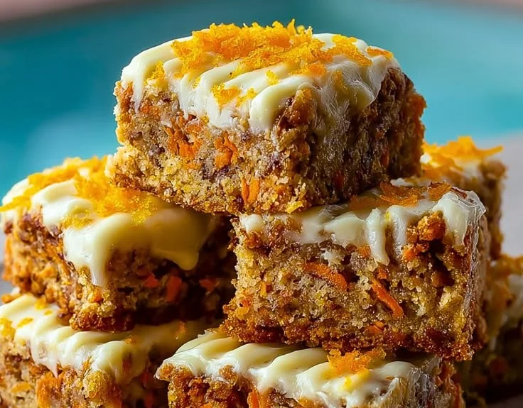 No sugar cottage cheese carrot cake bars topped with cream and carrots