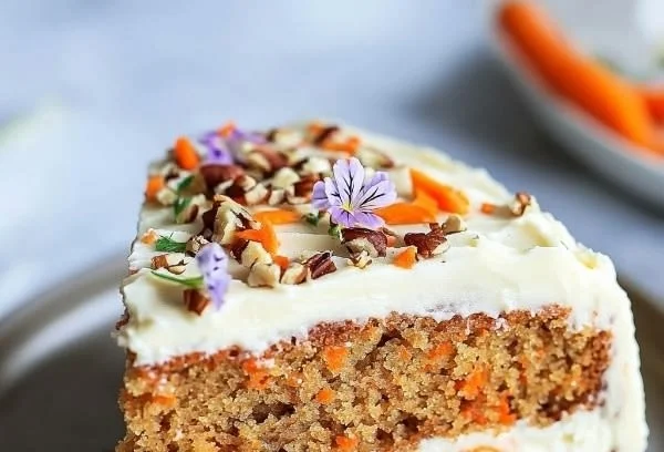 Slice of no sugar, no flour carrot cake on a white plate
