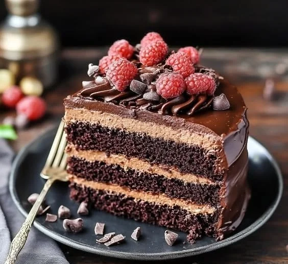 Decadent Nutella-infused chocolate cake slice on a white plate.