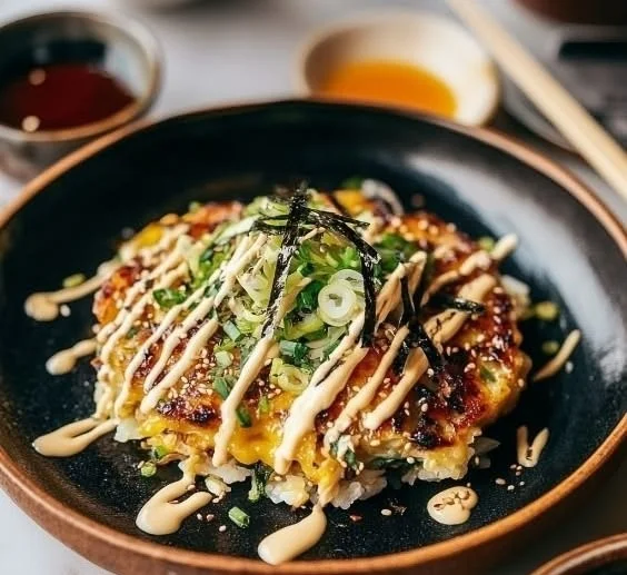 Delicious Okonomiyaki topped with bonito flakes and sauce on a plate.