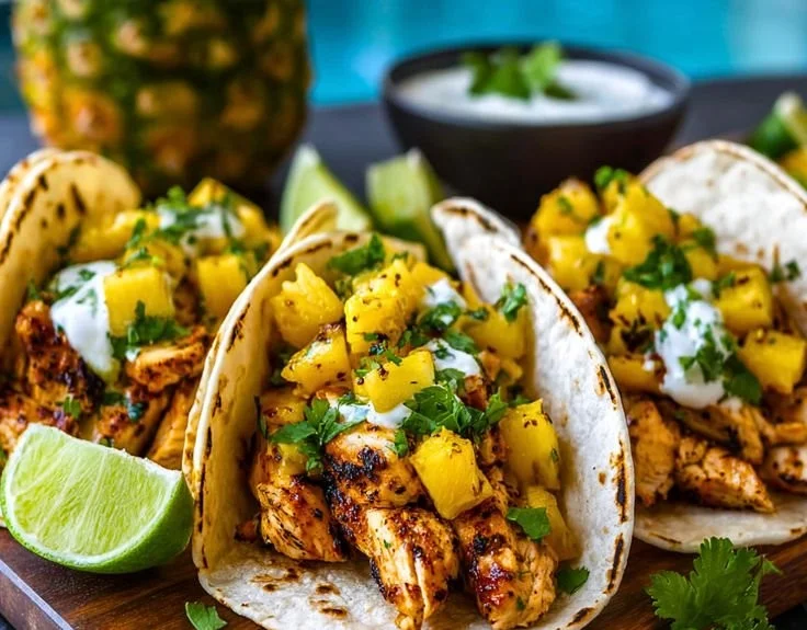 One pan chicken and pineapple tacos served on a plate with fresh toppings