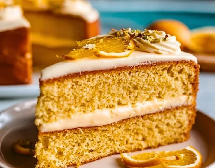 Slice of Orange Cardamom Cake with citrus glaze on a plate
