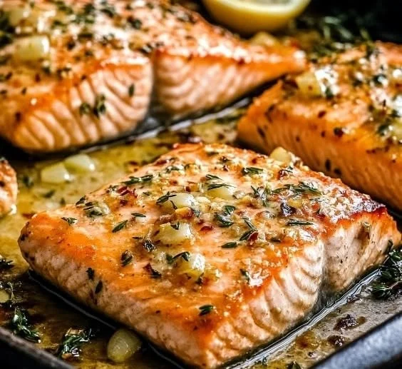Oven-baked garlic butter salmon on a plate with lemon and herbs.
