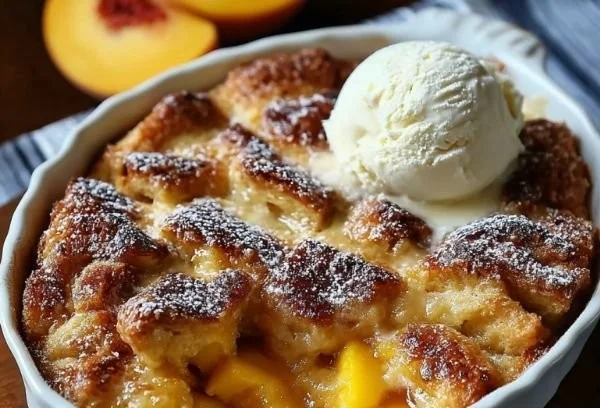 Delicious peach bread pudding served in a warm bowl