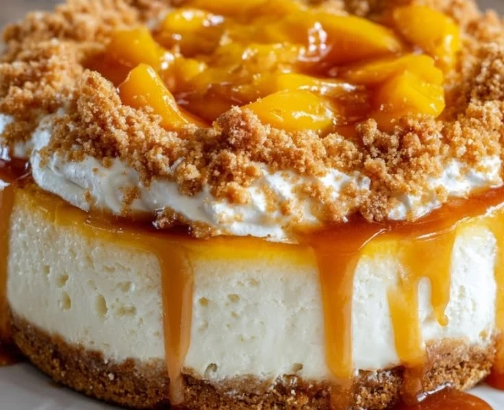 Delicious Peach Cobbler Cheesecake topped with fresh peaches and crumble
