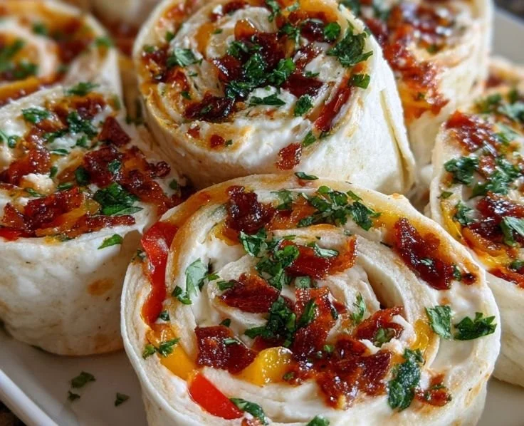 Delicious pepper jelly and cream cheese pinwheels on a platter