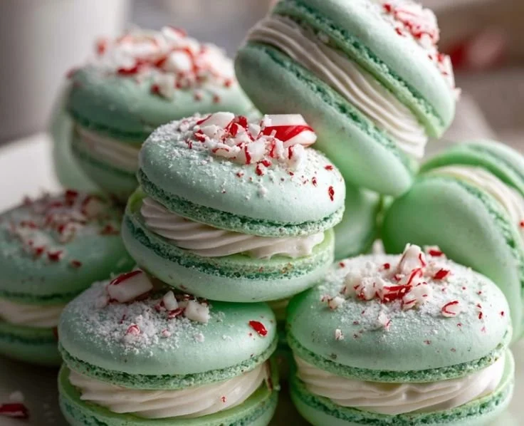 Homemade Peppermint Macaron with festive red and white colors on a plate