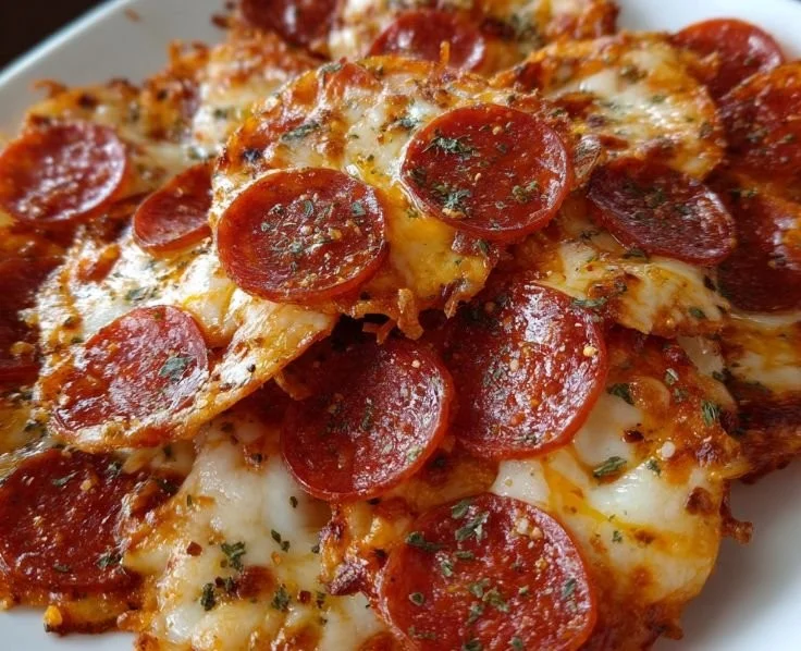 Homemade Pepperoni Cheese Crisps served on a platter with fresh herbs