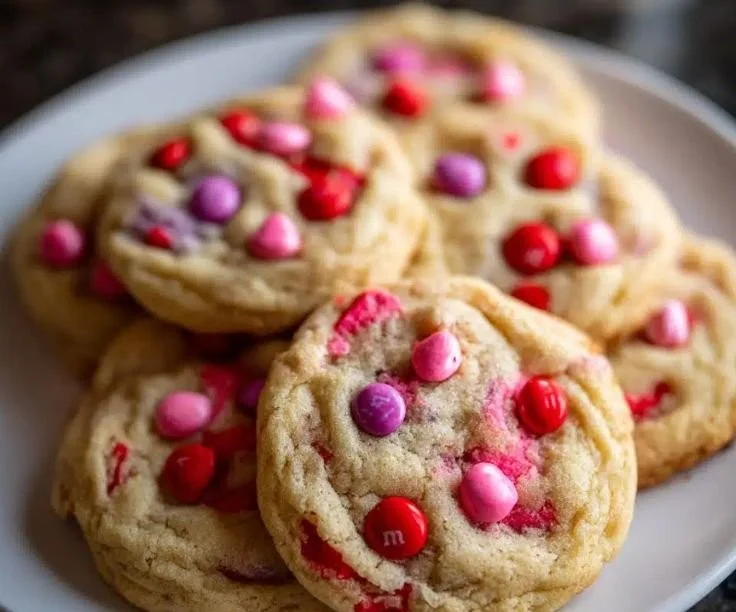 Delicious Valentine's Day M&M cookies on a festive plate