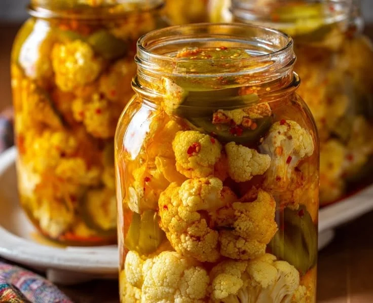 A jar of homemade pickled cauliflower with spices and herbs