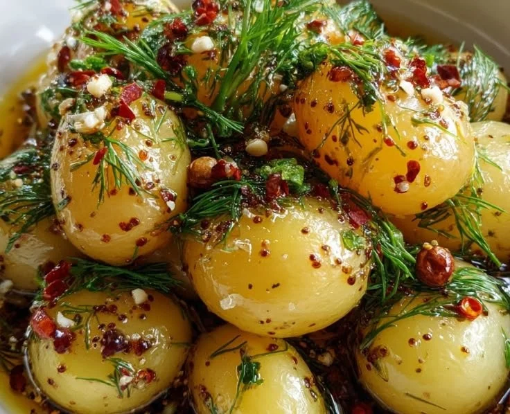 A jar of homemade pickled potatoes with spices and herbs