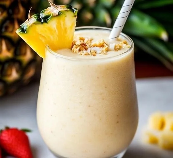 Delicious Pina Colada Smoothie garnished with coconut and pineapple