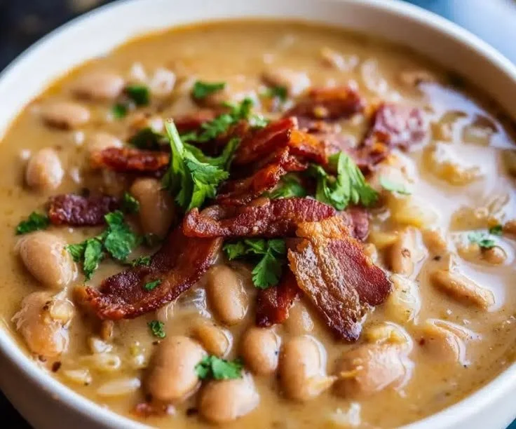Bowl of Pinto Bean Soup with Onion and Garlic garnished with herbs