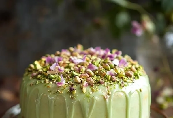 Slice of moist Pistachio Coffee Cake garnished with pistachios