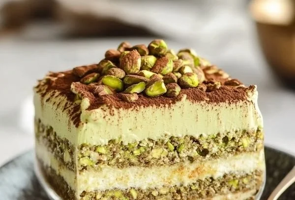 Delicious Pistachio Tiramisu dessert with layers of cream and pistachio.