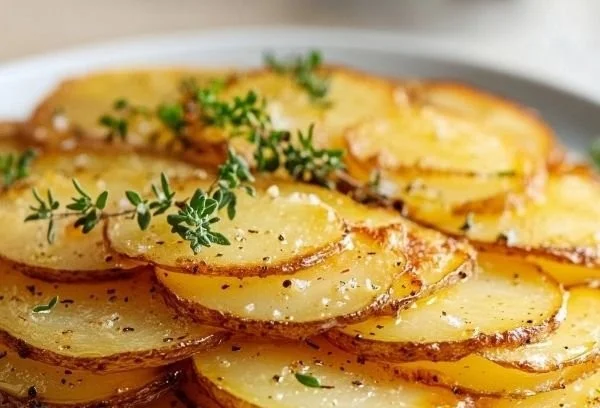 Deliciously layered Potatoes Anna served on a white plate