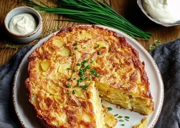 Traditional German Potthucke potato cake served on a wooden table