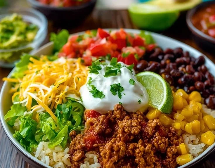 Delicious quick and easy taco bowl served with fresh ingredients and toppings.