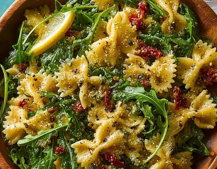 Quick lemon arugula pasta salad in a bowl garnished with fresh herbs.
