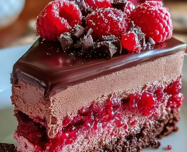 Delicious Raspberry Chocolate Mousse Cake garnished with fresh raspberries