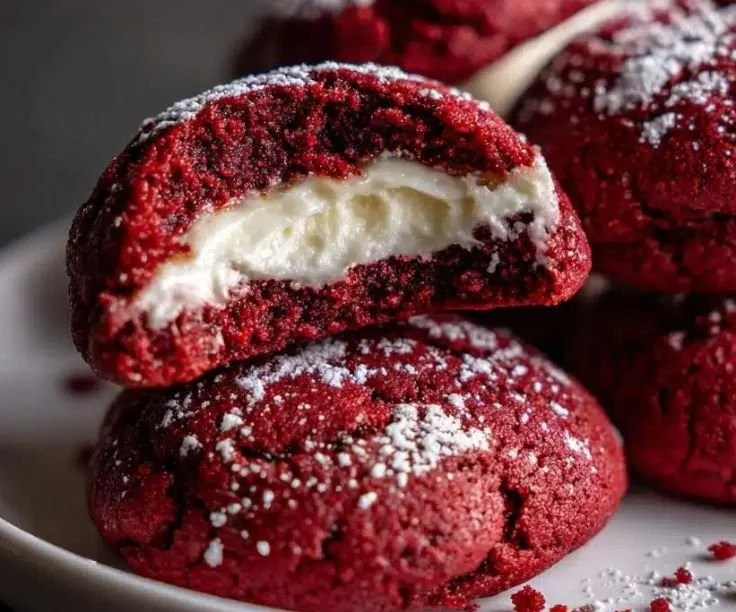 Delicious Red Velvet Cheesecake Cookies on a plate, perfect for dessert