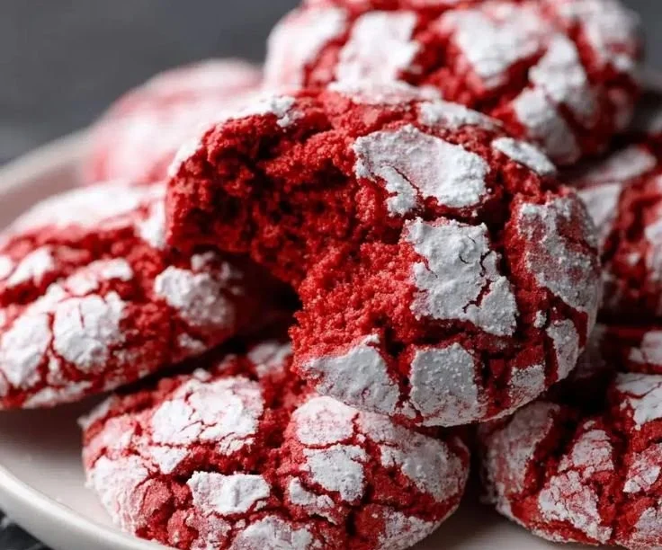 Red Velvet Crinkle Cookies baked and dusted with powdered sugar for Valentine's Day.