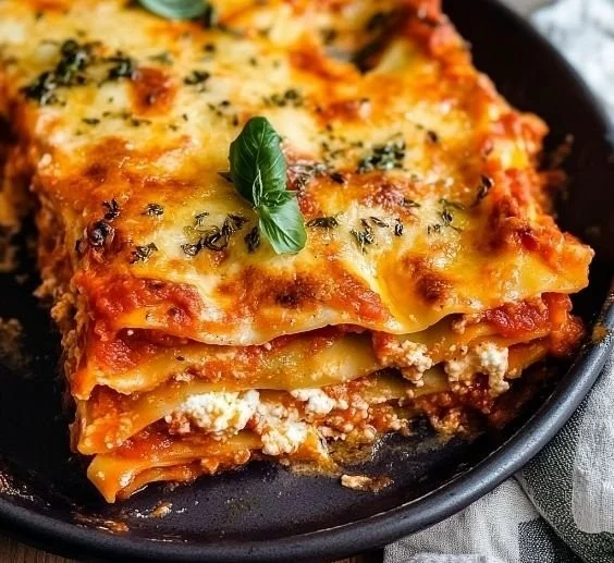 Delicious ricotta vegetarian lasagna with layers of vegetables and marinara sauce