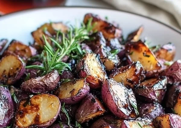 Roasted balsamic glazed purple potatoes served in a bowl
