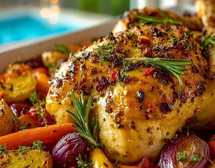 Delicious roasted garlic chicken served with vegetables
